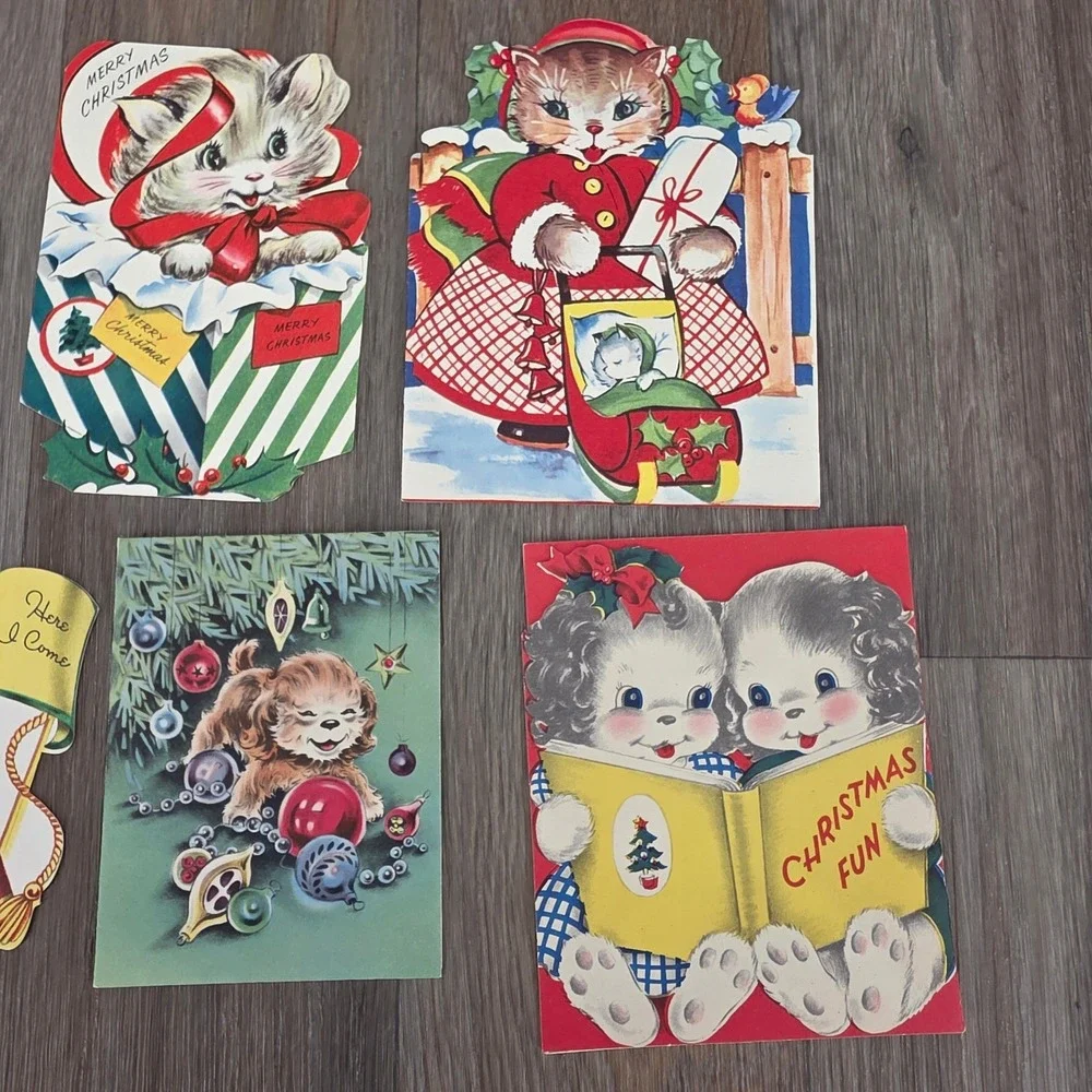 Vintage 1950s Christmas Card Lot Die Cut Kittens Puppies Teddy Bear MCM Norcross